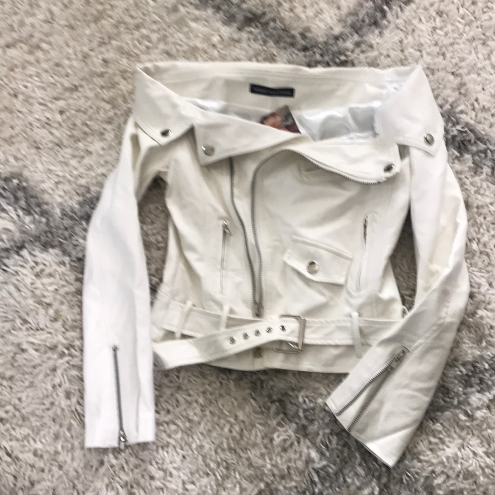 White vegan “leather off shoulder jacket